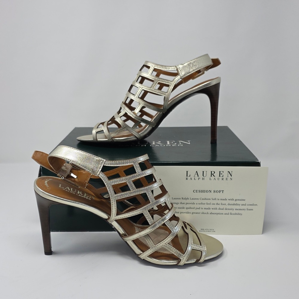 Lauren Ralph Lauren Sandra Gold Metallic Cage Sandals Heels 9B Cushion Soft